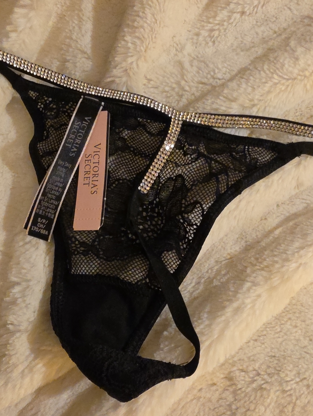 Nwt Victoria's Secret Black Lace Thong with Rhinestone T Waistband Size Small
